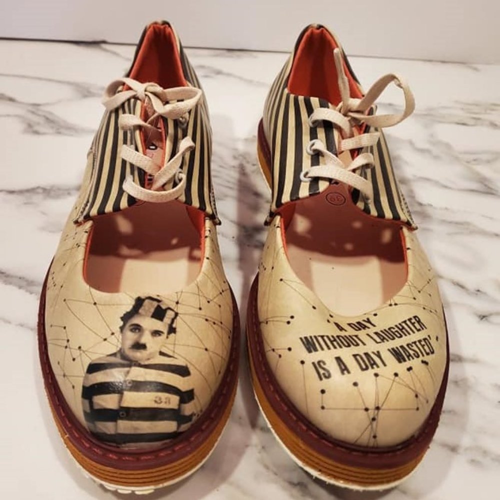 DOGO Shoes Women Vegan Leather Beige Black Stripped Charlie Chaplin Sz. 8 (39)